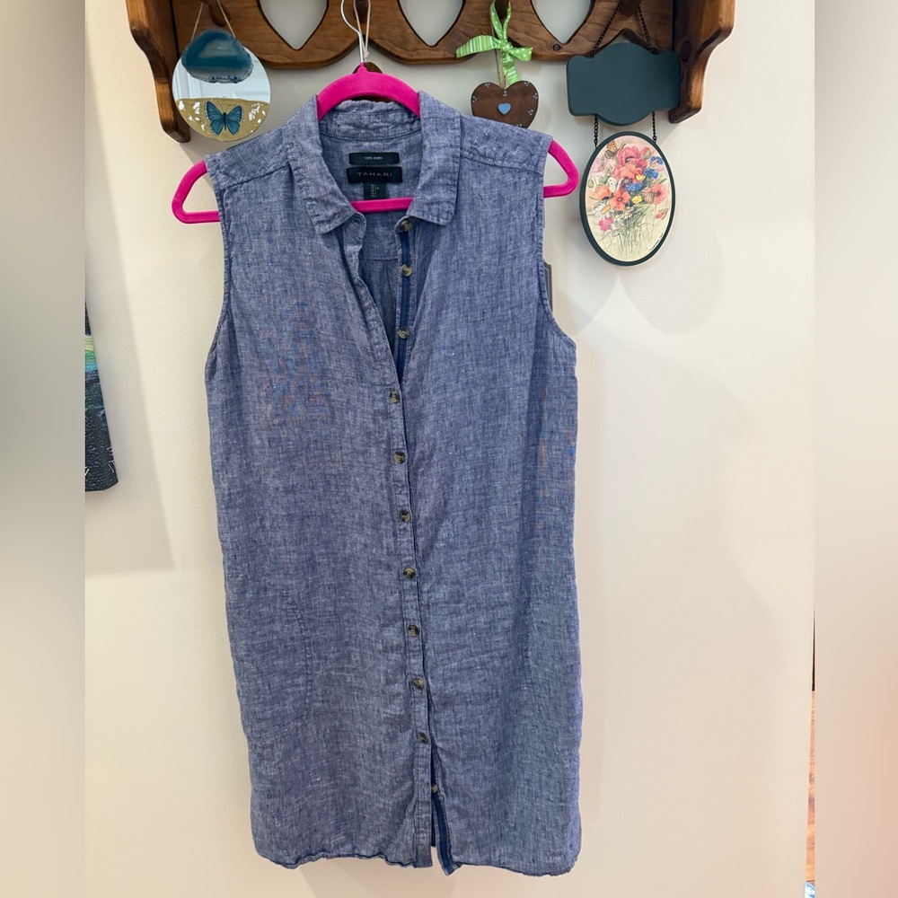 Tahari Sleeveless Linen Button-Down Shirt Dress EUC L
